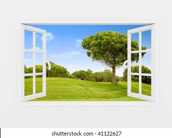 Beautiful View Over A Window Of A Green Field With A Blue Sky