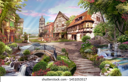 Beautiful View Of The Street With Waterfalls, In Flowers And Sunshine. Digital Fresco, Mural. Wallpaper. 3d Render