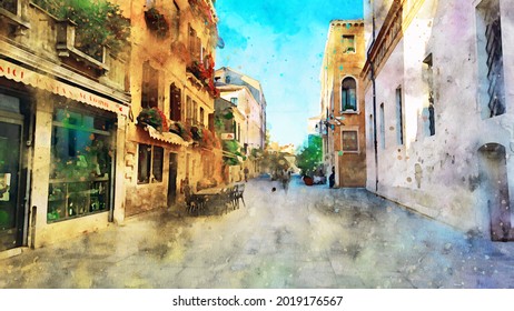 Beautiful View Of The Venetian Street, Buildings, Shops And Cafes And Passers-by. Color Watercolor Drawing. The Streets Of The Old European City. Art Postcard With Views Of Venice And Italy