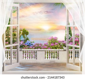 Beautiful view from the window to the sea and the blooming garden. Digital mural,3D rendering