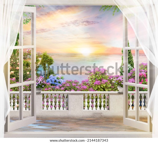 Beautiful view from the window to the sea and the blooming garden. Digital mural,3D rendering