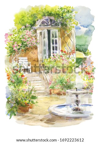 beautiful village garden with cozy house and fountain 