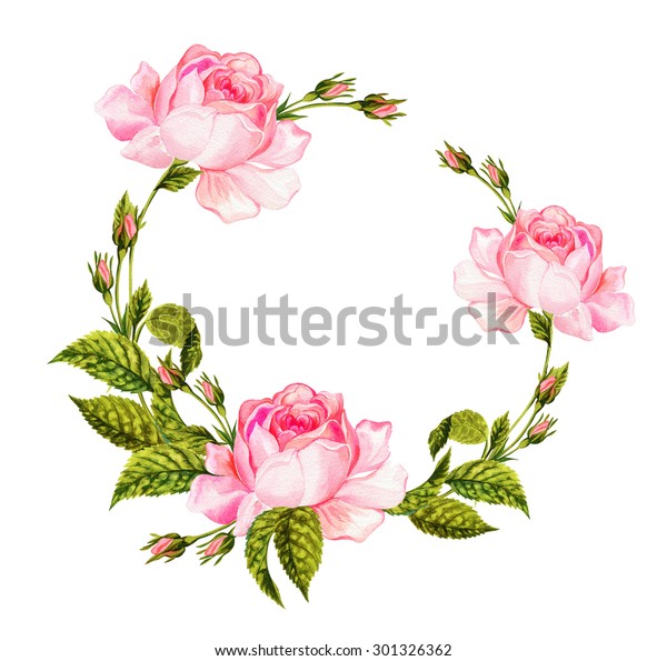 白い背景に美しいビンテージの植物イラスト 花柄の細かいイラスト 美しい花 バラの芽 葉 茎を円形に組み合わせたもの のイラスト素材