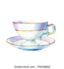 Beautiful vintage empty coffee cup saucer isolated white background