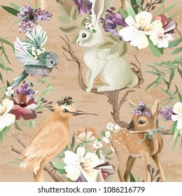 Beautiful, Vintage, Enchanted Woodland, Forest Animals And Birds With Flowers, Old Wood Branches And Bows Seamless, Tileable Pattern. Deer, Bunny, Bird, Whimsical Animals