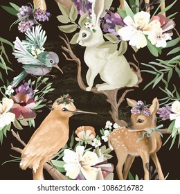 Beautiful, Vintage, Enchanted Woodland, Forest Animals And Birds With Flowers, Old Wood Branches And Bows Seamless, Tileable Pattern. Deer, Bunny, Bird, Whimsical Animals