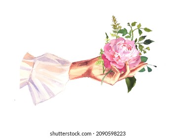 Beautiful Vintage Hand With Flowers Design Isolated On White. Lady's Hand Holds Flower Bouquet Watercolor Illustration. Victorian Concept Clipart, Florist Themed Design For Business Card,branding.