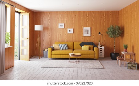 beautiful vintage interior. wooden walls concept. 3d rendering