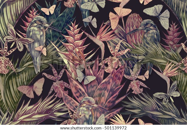 Beautiful vintage seamless floral\
tropical pattern background. Palm leaves, trees, tropical flowers,\
jungle leaf, plants, cactus, orchid, bird of paradise flower,\
exotic birds,\
kingfisher,butterflies