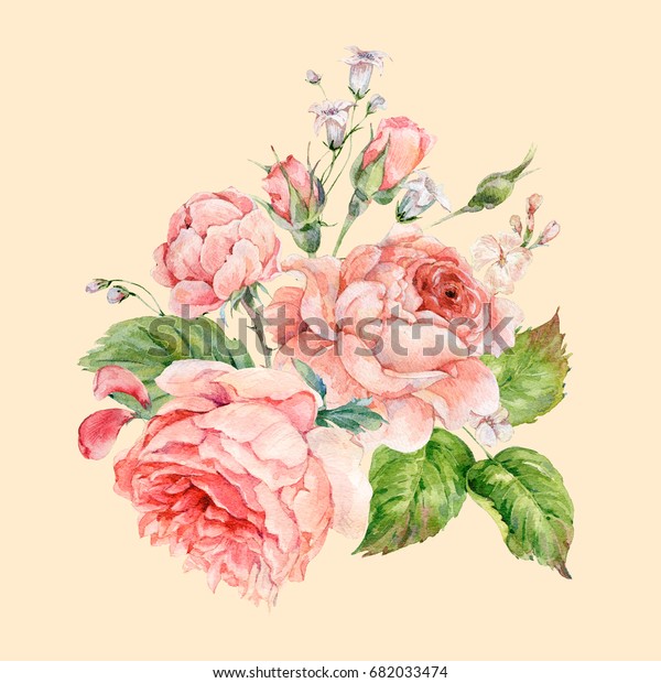 美しいビンテージ水彩のピンクの英語のバラ 水彩の自然の