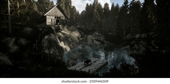 A beautiful vista of an abandoned cabin in the middle of a forest and a small pier with a rocking chair in front of a lake - Powered by Shutterstock