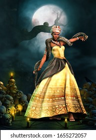 Beautiful Voodoo Queen With A Snake, Performing A Magical Ritual On An Altar Framed By Skulls And Candles, 3d Render.
