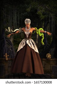 Beautiful Voodoo Queen With A Snakes, Performing A Magical Ritual In A Swamp Area, 3d Render.
