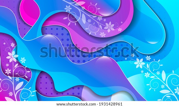 beautiful wallpaper mural with 3d effect. vegetable art elements on a turquoise pink background overlapping abstract textured shapes with stroke and wavy edges. 