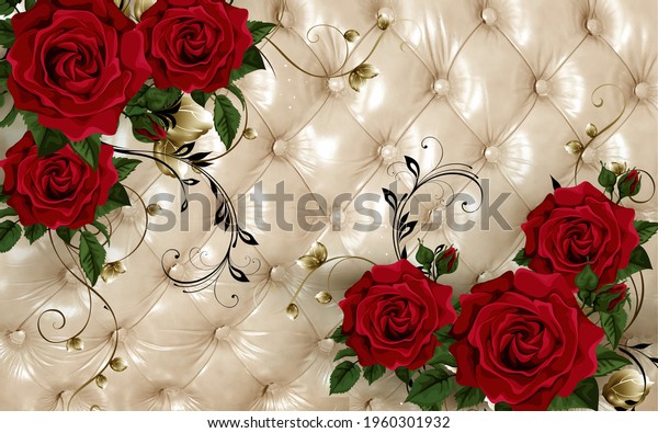 Beautiful wallpaper of red rose on a cuishon background - 3d wallpaper