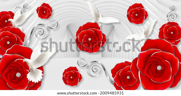BEAUTIFUL WALLPAPER WITH RED ROSE SILVER LEYER SATIN BACKGROUND WALLPAPER