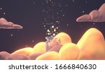 Beautiful warm orange cloudscape with magic butterfly glass jar and shiny sparkles. 3d rendering picture.