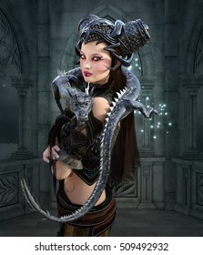 Beautiful Warrior With Dragon - 3D Illustration