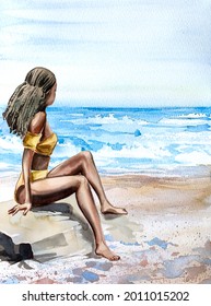 Beautiful Watercolor  African American Girl On The Beach Landscape. Beach Artwork.Hand Painted Seaview Illustration. Woman Relaxing On An Island.