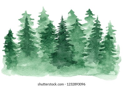 Beautiful watercolor background with green coniferous forest. Mysterious fir or pine trees illustration for winter Christmas design, isolated on white background