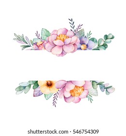 Beautiful Watercolor Border Frame With Peony,flower,foliage,branches And Gemstones.Handpainted Lovely Illustration.Can Be Used For Greeting Card,wedding,Birthday And Baby Cards,invitation,lettering
