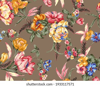 Beautiful Watercolor Botanical Flower With Leaf Bouquet Garden Summer Pattern On Background 