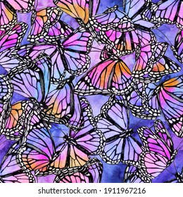 Beautiful Watercolor Butterflies On Galaxy Background. Hand Drawn Butterfly Shapes Seamless Pattern. Watercolor Insects Illustration For Wallpaper, Textile, Fabric Design