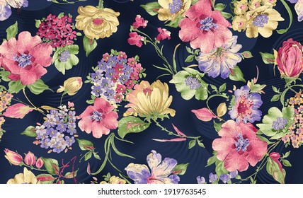 Beautiful Watercolor Colorful Flowers With Leaf Bouquet Garden Summer Pattern On Navy Blue Texture Fabric Background Pattern 