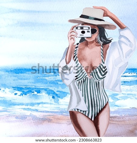 Beautiful watercolor cute young girl on a beach design isolated on white background. Beach themed woman portrait artwork.Hand painted woman in a summer hat and clothes illustration. Summer woman card.