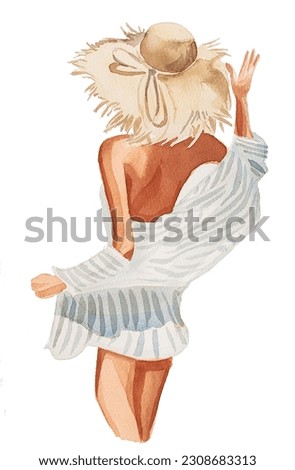 Beautiful watercolor cute young girl design isolated on white background. Beach themed woman portrait artwork.Hand painted woman in a summer hat and clothes illustration. 