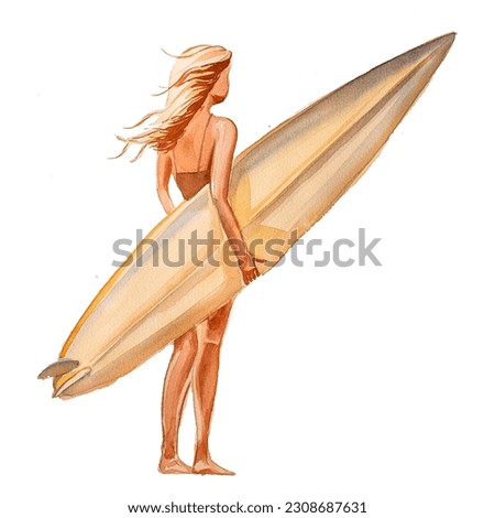Beautiful watercolor cute young girl with surfboard design isolated on white background. Beach themed woman portrait artwork.Hand painted woman in a summer hat and clothes illustration. 