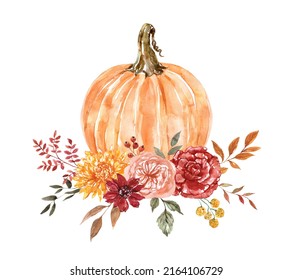 Beautiful watercolor floral pumpkin arrangement  Orange gourd and yellow  rust    red fall flowers   leaves  isolated white background  Thanksgiving bouquet  Harvest invitation template 
