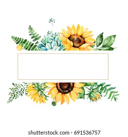 Beautiful watercolor frame border with sunflowers,succulent,leaves,branches,fern leaves etc.Handpainted illustration.Can be used for greeting card,wedding,Birthday and baby cards,invitations,lettering