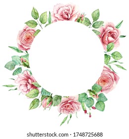 Beautiful watercolor frame with pink roses. Pre-made floral composition for your wedding or party.  invitation cards, spring decor, wedding invitation, menu, cards, greeting cards, posters, scrapbook - Powered by Shutterstock