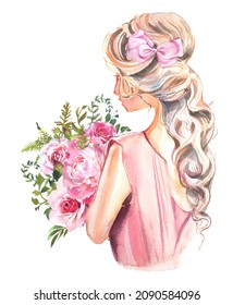 Beautiful Watercolor Girl Holding Flowers Portrait Illustration Isolated On White. Victorian Woman In A Pink Dree Design.Fairytale Princess Clipart.