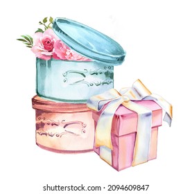 Beautiful watercolor hand painted flowers in a vintage box illustration. Retro hat box with flower bouquet illustration for card, invitation,branding,banner etc.