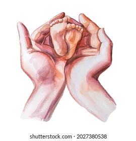 Beautiful watercolor hand painted scene of mothers hands holding baby foots illustration isolated on white background. Parenting concept design. Newborn themed clipart. Motherhood banner. - Powered by Shutterstock