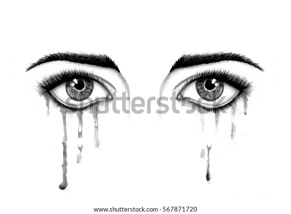 泣く目をした美しい水彩イラスト 黒いイラスト 女性の涙ぐんだ目 分離型背景に流れるマスカラを持つ目 のイラスト素材 567871720