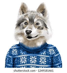 Beautiful Watercolor Illustration Of Cute Alaskan Malamute  Dog In Ugly Christmas Sweater Isolated On The White Background . Could Be Used For Postcards/ Prints/ T-shirts/ Books Etc