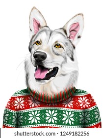 Beautiful Watercolor Illustration Of Cute Alaskan Malamute  Dog In Ugly Christmas Sweater Isolated On The White Background . Could Be Used For Postcards/ Prints/ T-shirts/ Books Etc