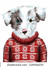 Beautiful Watercolor Illustration Of Cute Shetland Sheepdog Dog In Ugly Christmas Sweater Isolated On The White Background. Could Be Used For Postcards/ Prints/ T-shirts/ Books Etc