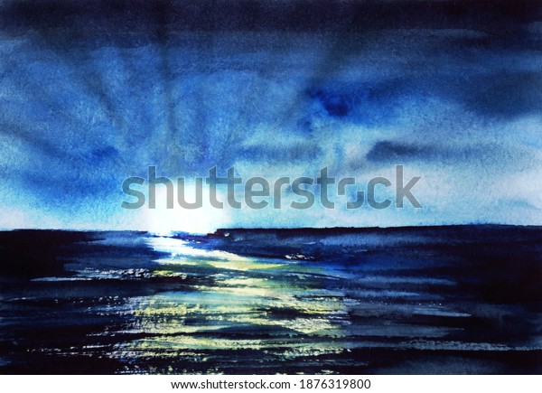 Beautiful watercolor landscape of shining sun\
rising over deep dark sea and dispelling darkness of night. Calm\
water surface reflects streaming sunlight. Hand drawn illustration\
of starting\
sunrise
