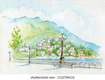 美しい水彩画 海 土手 山の景色 ヤルタ クリミア 水彩筆の手 のイラスト素材 Shutterstock