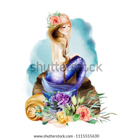 Beautiful watercolor mermaid sitting on a stone with seashel and  flowers, floral bouquet