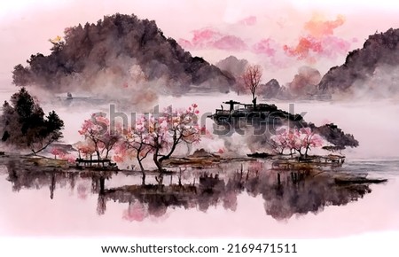 A beautiful watercolor painting of forest, lake and mountains