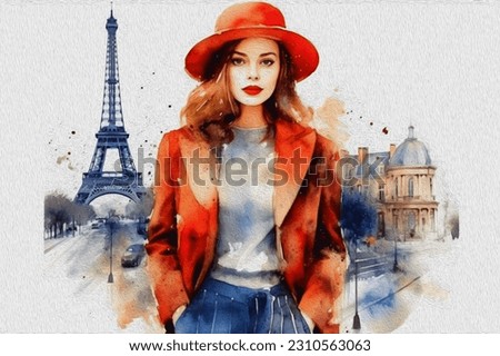 Beautiful watercolor Parisian woman, illustration isolated on white.