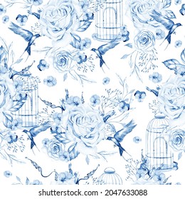 Beautiful watercolor pattern with birds and flowers and bird cage. Illustration