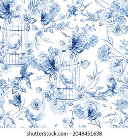 Beautiful watercolor pattern and birds   flowers   bird cage  Illustration