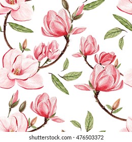 Watercolor Magnolia Flower Seamless Pattern Spring Stock Illustration ...