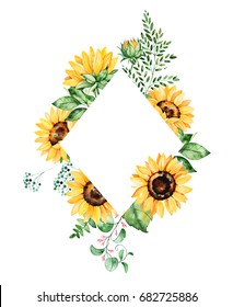 Beautiful watercolor rhombus frame border with sunflowers,leaves,branches,fern leaves etc.Handpainted illustration.Can be used for greeting card,wedding,Birthday and baby cards,invitation,lettering